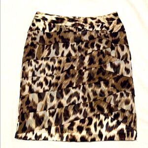 Worthington Leopard Print Layered Tiered Chiffon Pencil Skirt Brown Black 12 P